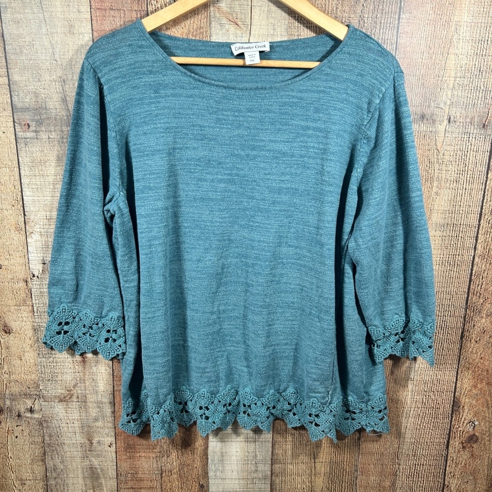 Coldwater Creek PXL Teal Blue Cotton Linen Crochet Lace Trim 3/4 Sleeve Knit Top